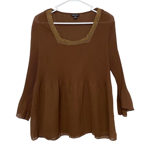 Nicolini Brown Sheer Blouse | Fairy Whimsical Sleeves | Crocheted Neckline XL - Picture 1 of 9